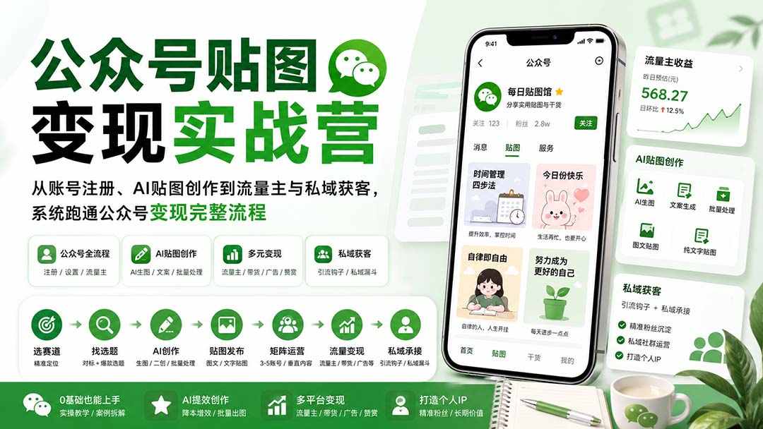 （20120期）公众号贴图变现实战营：从账号注册、AI贴图创作到流量主与私域获客，系统跑通公众号变现完整流程 - 臻优资源网