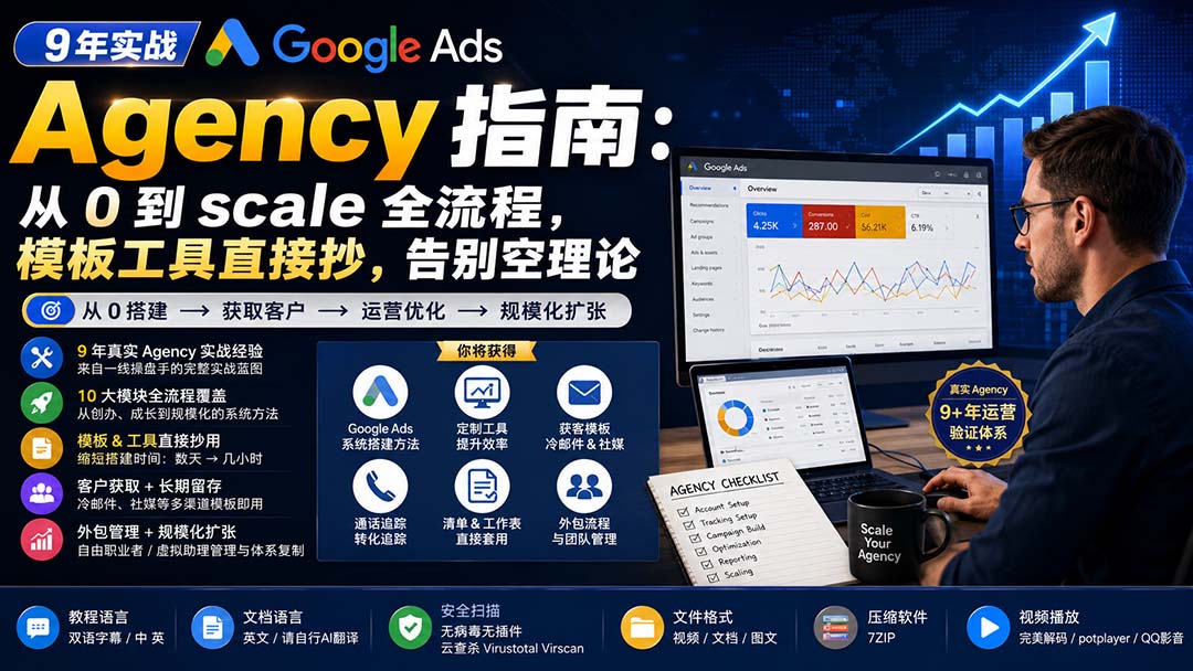 （20139期）9 年实战 Google Ads Agency 指南：从 0 到 scale 全流程，模板工具直接抄，告别空理论【原创双语字幕】 - 臻优资源网