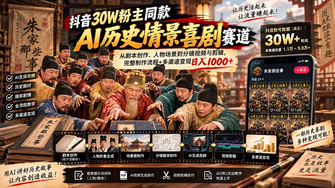（20613期）抖音30W粉博主同款AI历史情景喜剧赛道：从剧本创作、人物场景到分镜视频与剪辑，完整制作流程+多渠道变现日入1000+ - 臻优资源网