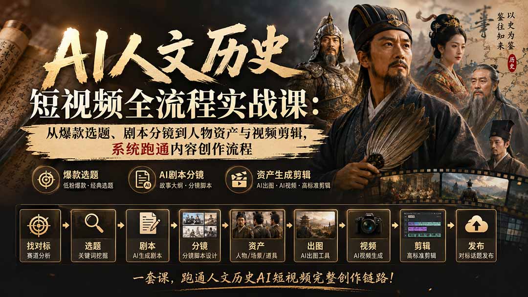 （20476期）AI人文历史短视频全流程实战课-更新：从爆款选题、剧本分镜到人物资产与视频剪辑，系统跑通内容创作流程 - 臻优资源网