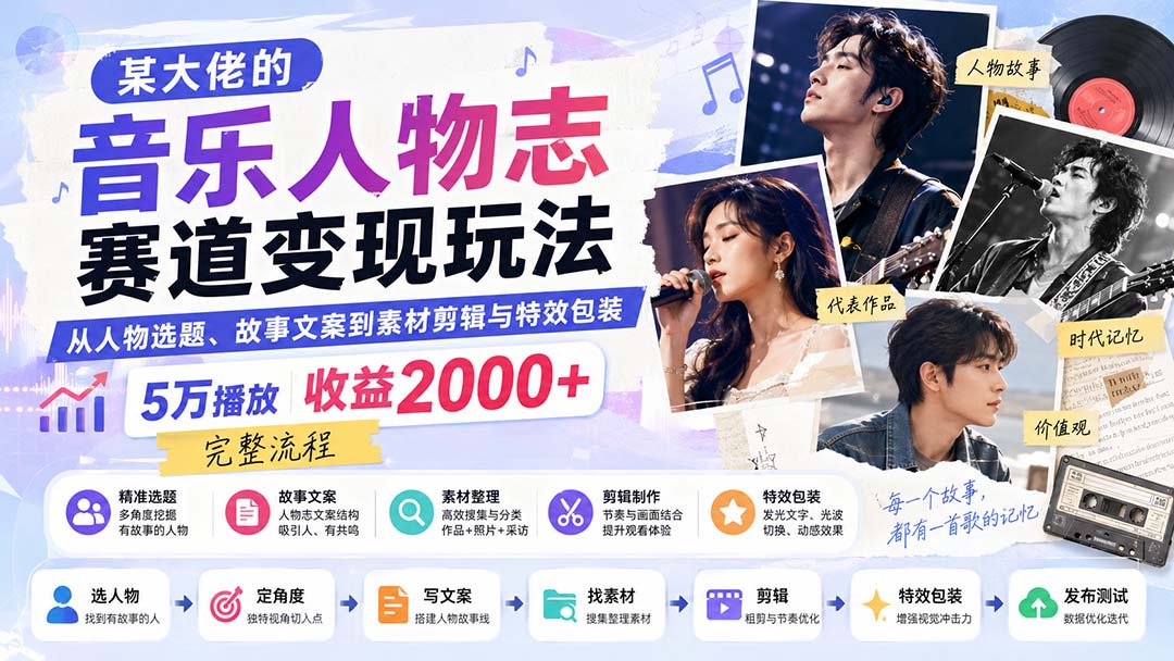 （20121期）某大佬的音乐人物志赛道变现玩法：从人物选题、故事文案到素材剪辑与特效包装，5万播放收益2000+完整流程 - 臻优资源网