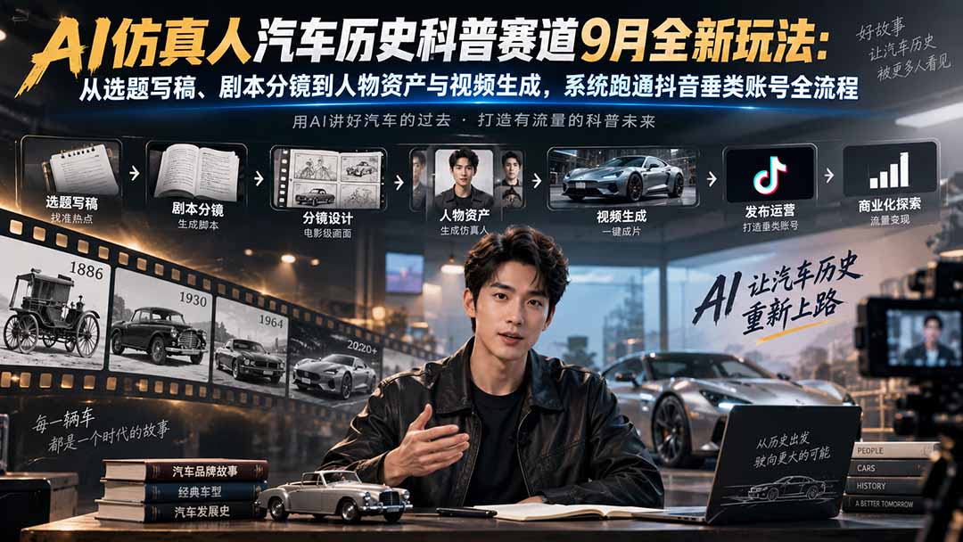 （20413期）AI仿真人汽车历史科普赛道9月全新玩法：从选题写稿、剧本分镜到人物资产与视频生成，系统跑通抖音垂类账号全流程 - 臻优资源网