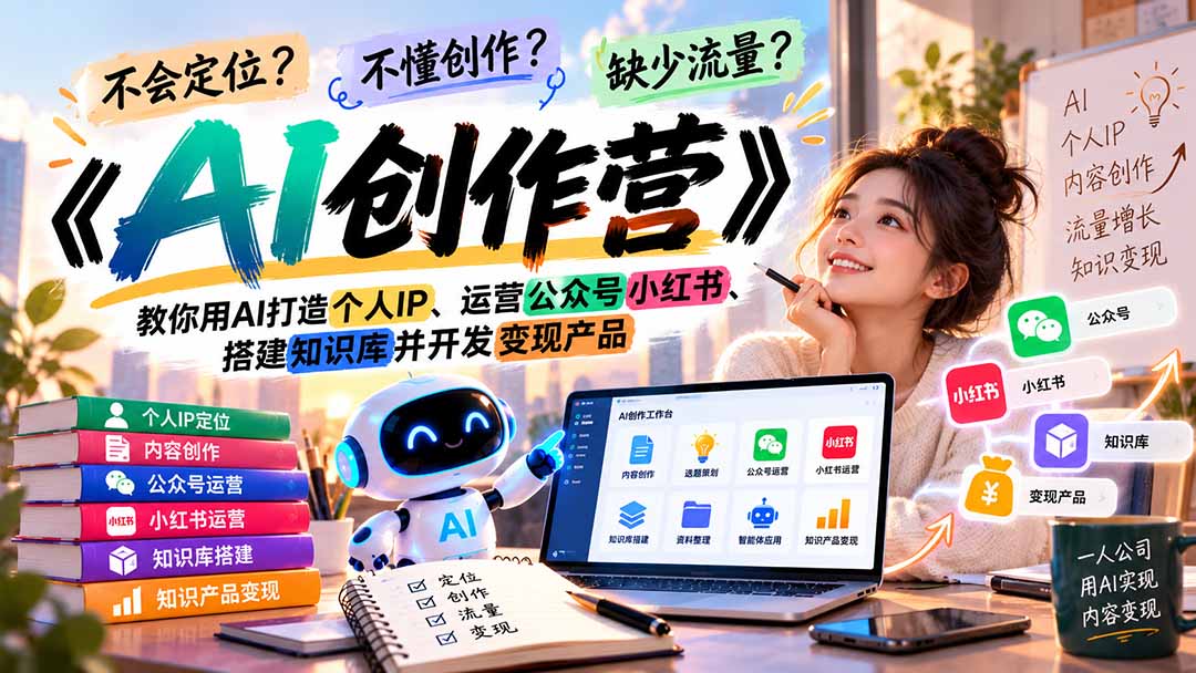 （21088期）不会定位、不懂创作、缺少流量？《AI创作营》教你用AI打造个人IP、运营公众号小红书、搭建知识库并开发变现产品 - 臻优资源网