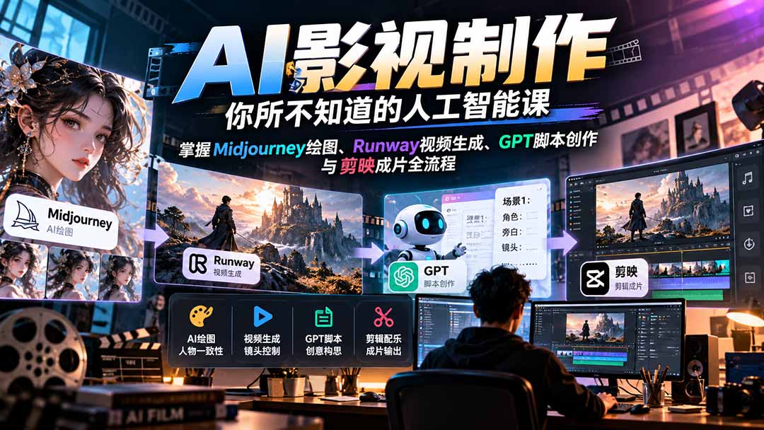 （20681期）AI影视制作-你所不知道的人工智能课，掌握Midjourney绘图、Runway视频生成、GPT脚本创作与剪映成片全流程 - 臻优资源网