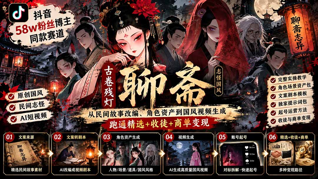 （20667期）抖音58w粉丝博主同款赛道古卷残灯聊斋：从民间故事改编、角色资产到国风视频生成，跑通精选+收徒+商单变现 - 臻优资源网