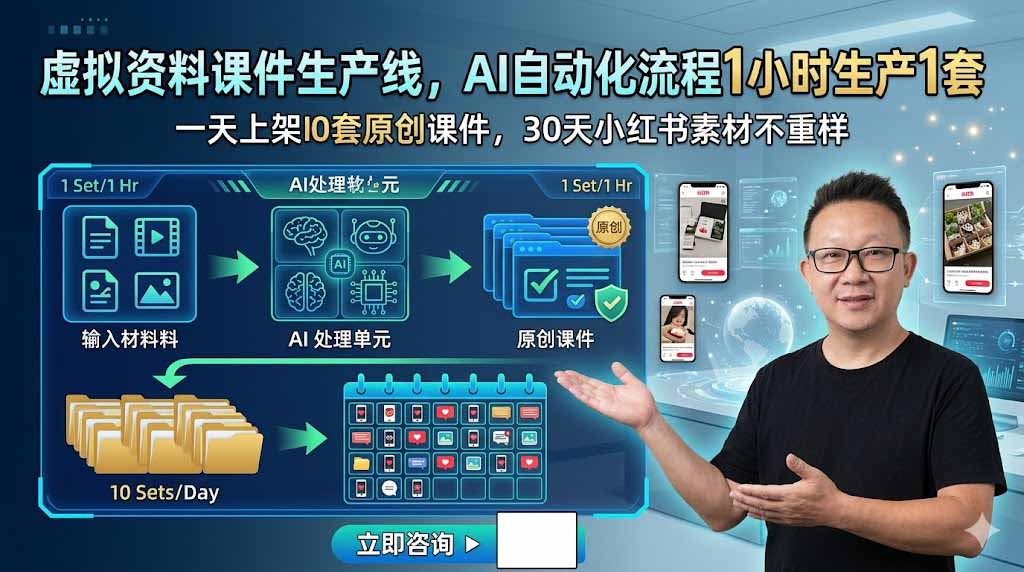 （19091期）虚拟资料课件生产线，AI自动化流程1小时生产1套，一天上架10套原创课件，30天小红书素材不重样 - 臻优资源网