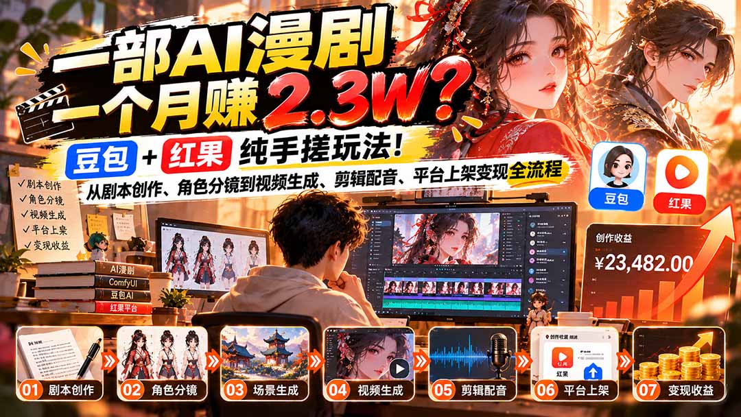 （21089期）一部AI漫剧一个月赚2.3W？豆包+红果纯手搓玩法！从剧本创作、角色分镜到视频生成、剪辑配音、平台上架变现全流程 - 臻优资源网