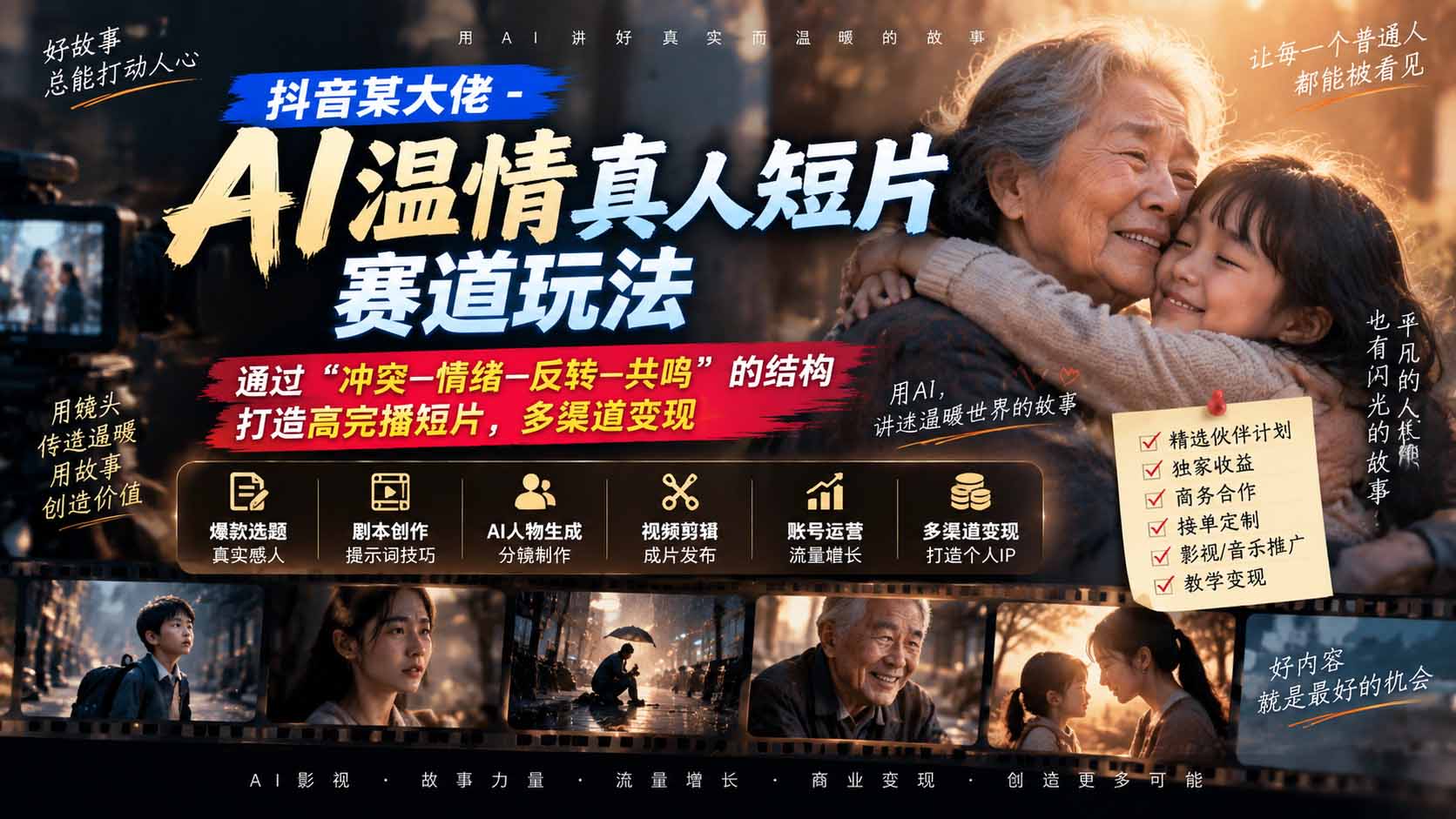 （20538期）抖音某大佬-AI温情真人短片赛道玩法：通过“冲突—情绪—反转—共鸣”的结构打造高完播短片，多渠道变现 - 臻优资源网