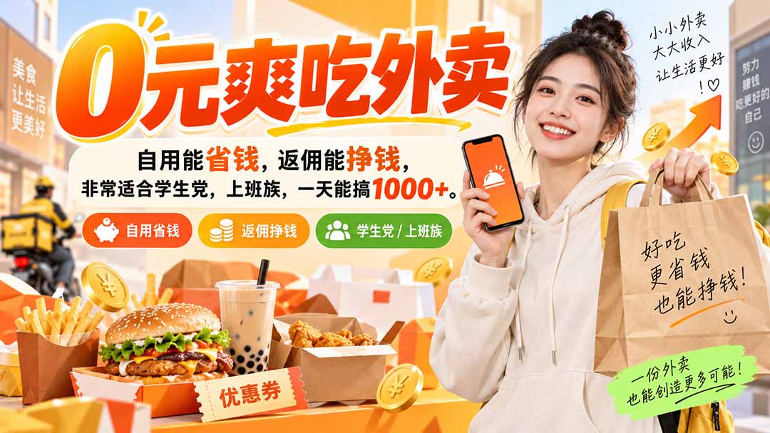 （20309期）0元爽吃外卖，自用能省钱，返佣能挣钱，非常适合学生党，上班族，一天能搞1000+ - 臻优资源网