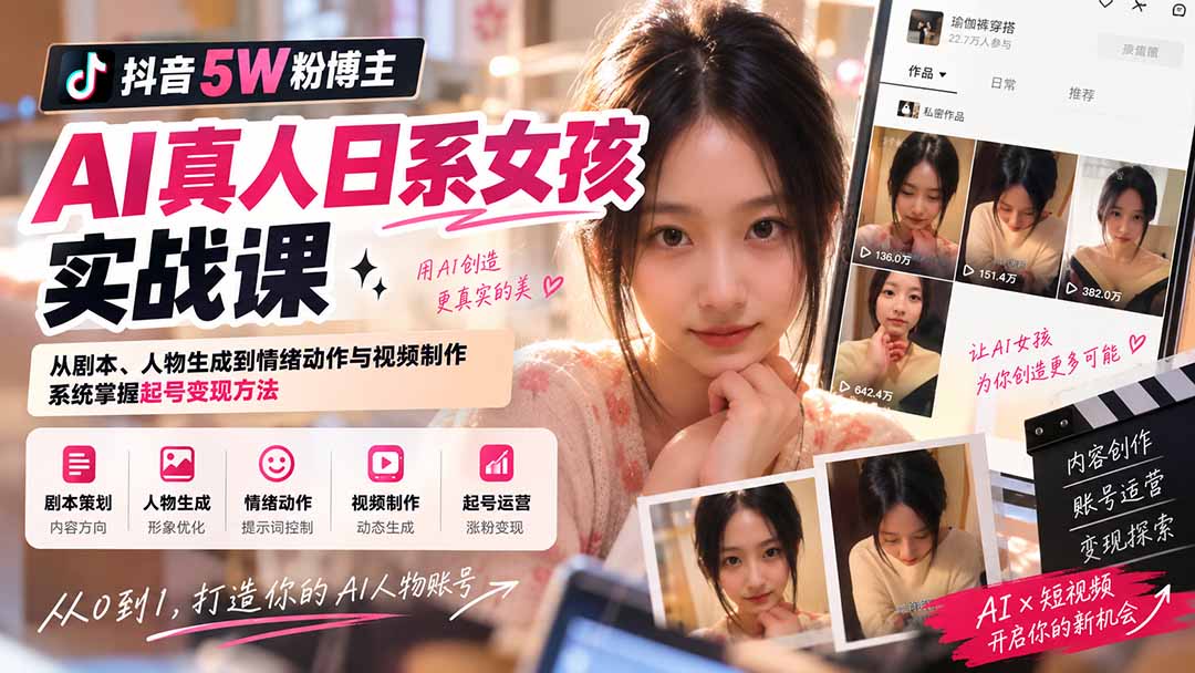 （20387期）抖音5W粉博主AI真人日系女孩实战课：从剧本、人物生成到情绪动作与视频制作，系统掌握起号变现方法 - 臻优资源网