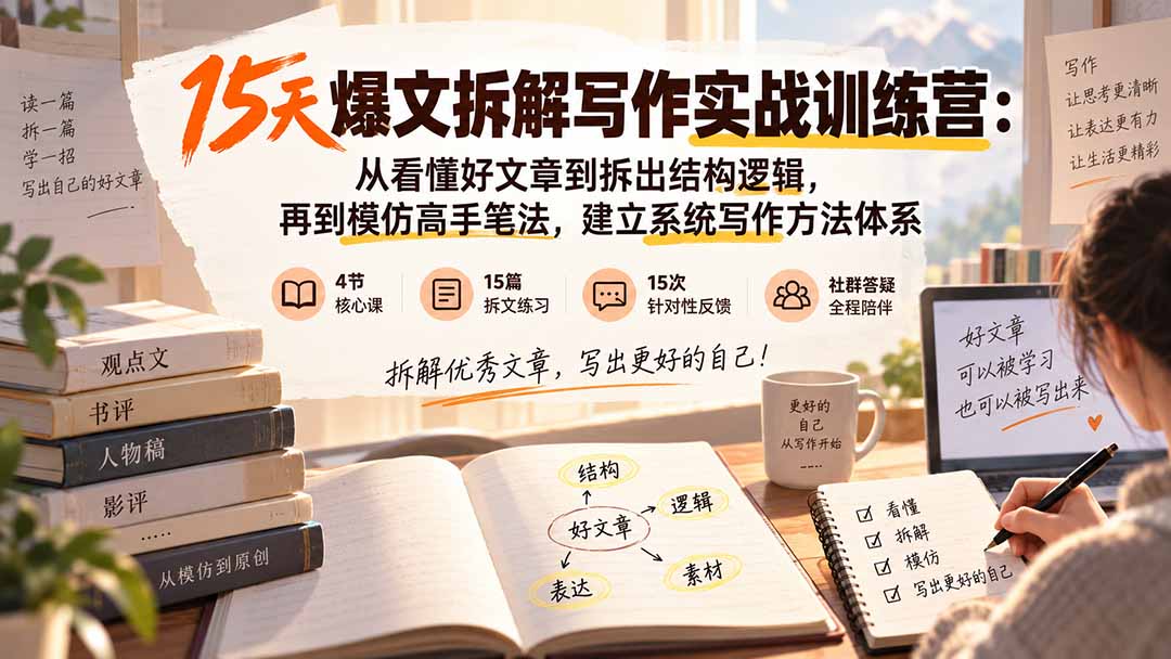 （20271期）15天爆文拆解写作实战训练营：从看懂好文章到拆出结构逻辑，再到模仿高手笔法，建立系统写作方法体系 - 臻优资源网