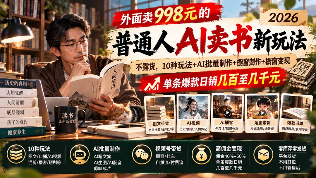 （20909期）外面卖998元的2026普通人AI卖书新玩法：不露脸、不囤货，10种玩法+AI批量制作+橱窗变现，单条爆款日销几百至几千元 - 臻优资源网