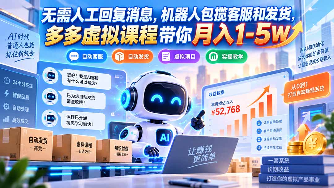 (20614期)无需人工回复消息,机器人包揽客服和发货,多多虚拟课程带你月入1-5W - 臻优资源网