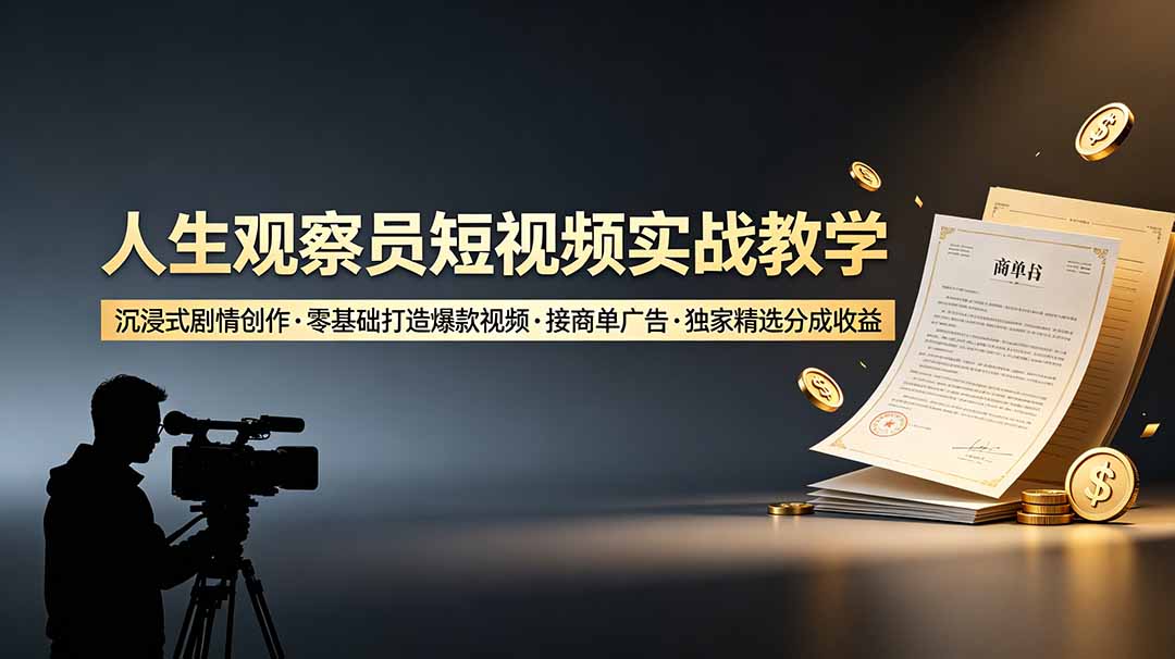（19113期）人生观察员短视频实战教学，沉浸式剧情创作，零基础打造爆款视频，接商单广告，独家精选分成收益 - 臻优资源网