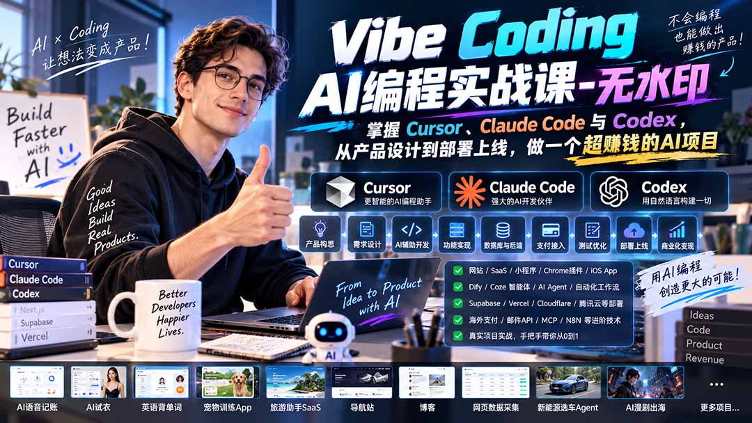 （20431期）Vibe Coding AI编程实战课-无水印：掌握Cursor、Claude Code与Codex，从产品设计到部署上线，做一个超赚钱的AI项目 - 臻优资源网