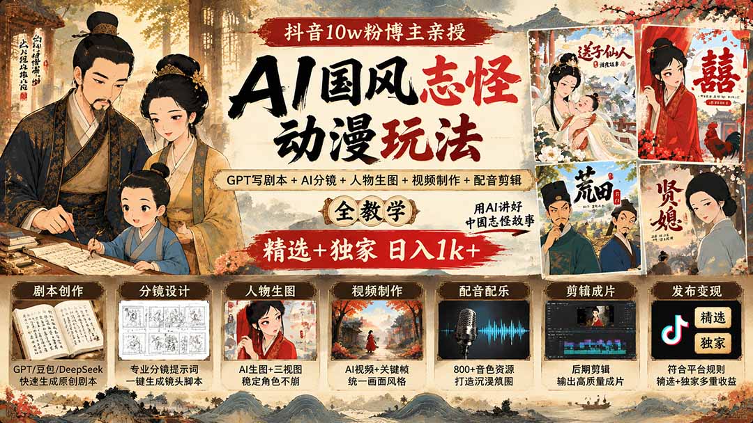 （20538期）抖音10w粉博主亲授AI国风志怪动漫玩法｜GPT写剧本+AI分镜+人物生图+视频制作+配音剪辑全教学｜精选+独家日入1k+ - 臻优资源网