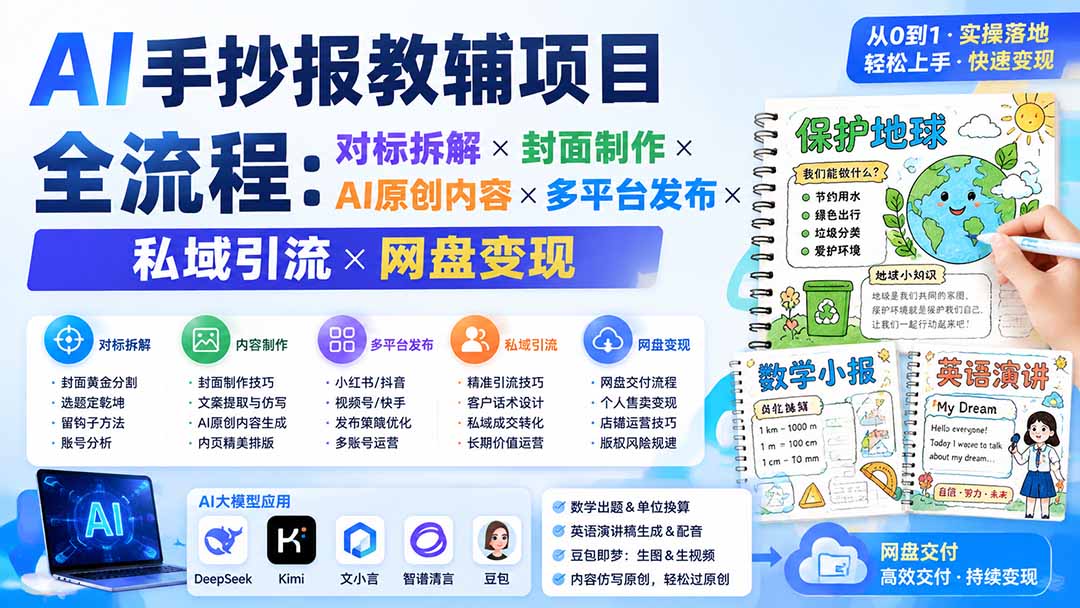 （19785期）AI手抄报教辅项目全流程：对标拆解×封面制作×AI原创内容×多平台发布×私域引流×网盘变现 - 臻优资源网
