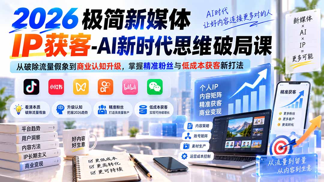 （20272期）2026极简新媒体IP获客-AI新时代思维破局课：从破除流量假象到商业认知升级，掌握精准粉丝与低成本获客新打法 - 臻优资源网