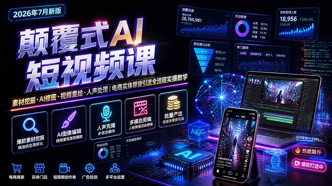 （19630期）颠覆式AI短视频课｜素材挖掘，AI修图，视频重绘，人声处理｜电商实体带货引流全流程实操教学 - 臻优资源网