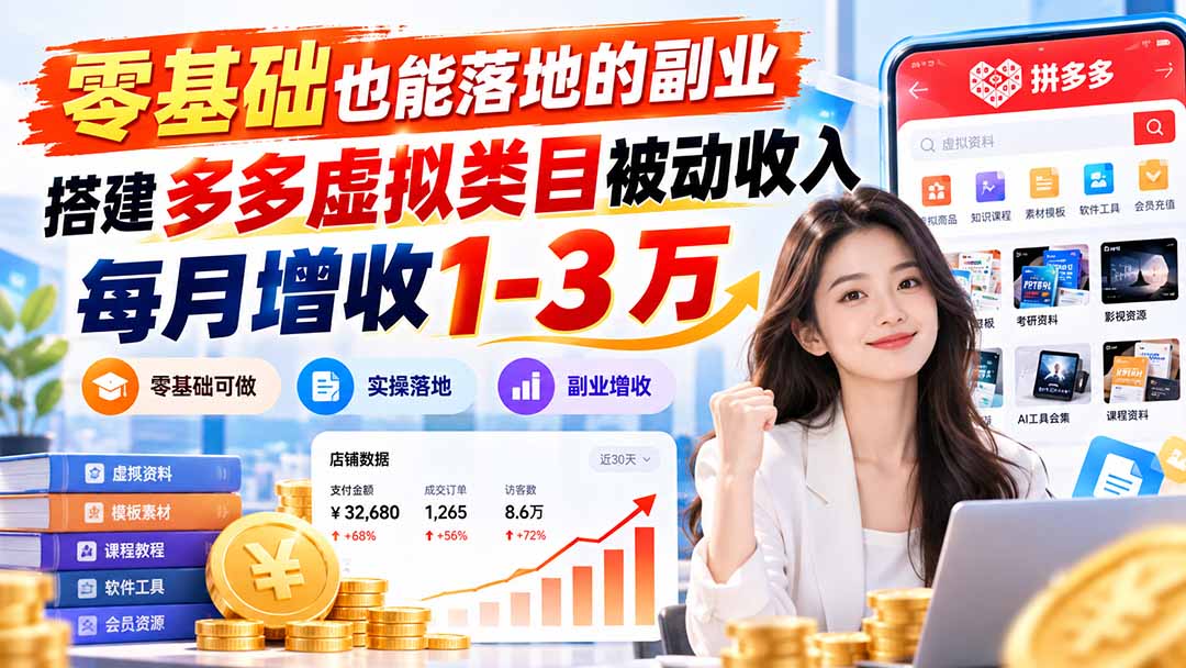 （20870期）零基础也能落地的副业，搭建多多虚拟类目被动收入，每月增收 1-3 万 - 臻优资源网