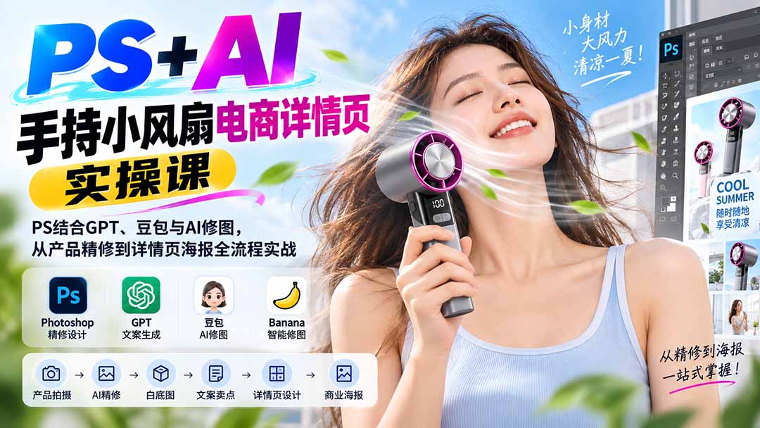 （20273期）PS+AI手持小风扇电商详情页实操课：PS结合GPT、豆包与AI修图，从产品精修到详情页海报全流程实战 - 臻优资源网