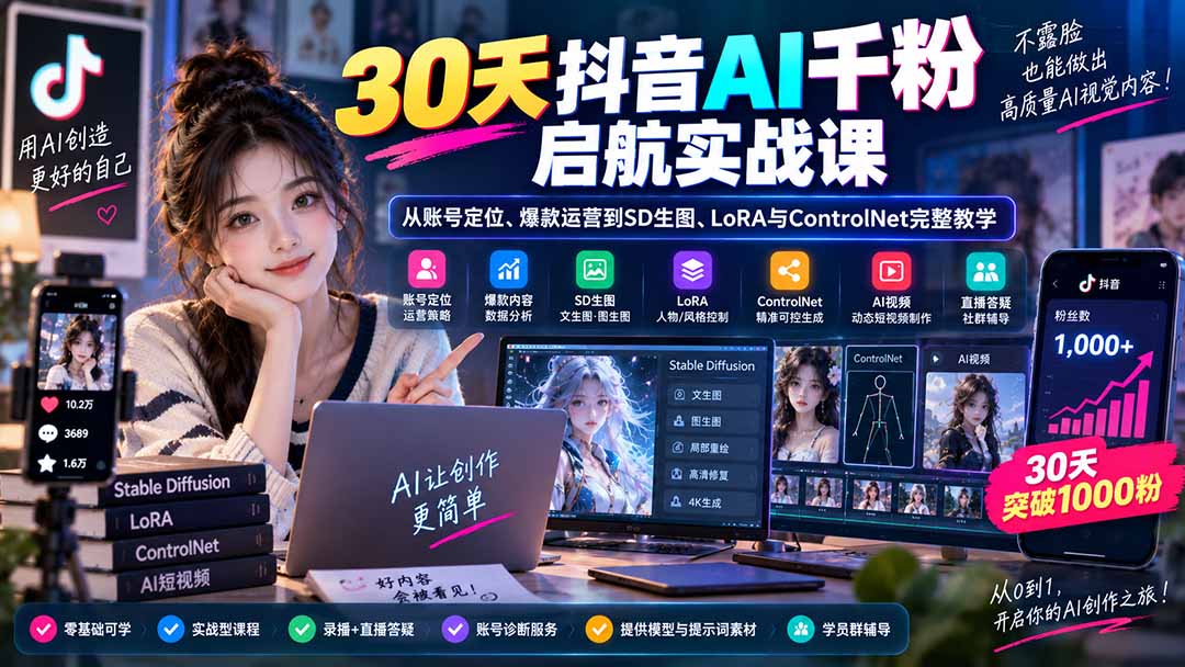 （20291期）30天抖音AI千粉启航实战课：从账号定位、爆款运营到SD生图、LoRA与ControlNet完整教学 - 臻优资源网