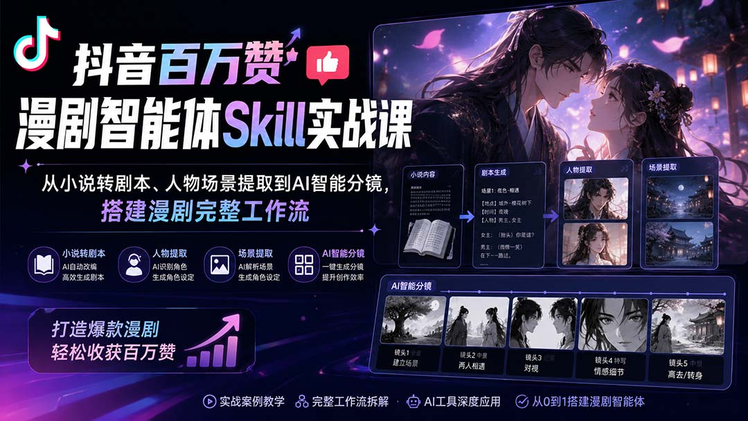 （20172期）抖音百万赞漫剧智能体Skill实战课：从小说转剧本、人物场景提取到AI智能分镜，搭建漫剧完整工作流 - 臻优资源网