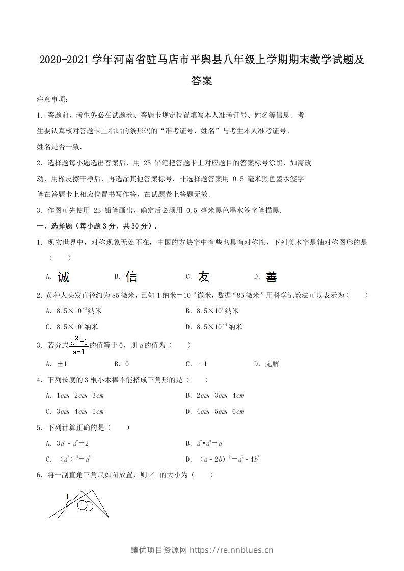 2020-2021学年河南省驻马店市平舆县八年级上学期期末数学试题及答案(Word版) - 臻优资源网