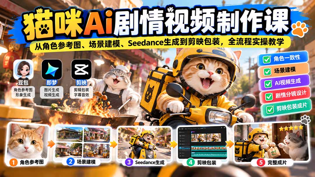 （20793期）猫咪AI剧情视频制作课：从角色参考图、场景建模、Seedance生成到剪映包装，全流程实操教学 - 臻优资源网