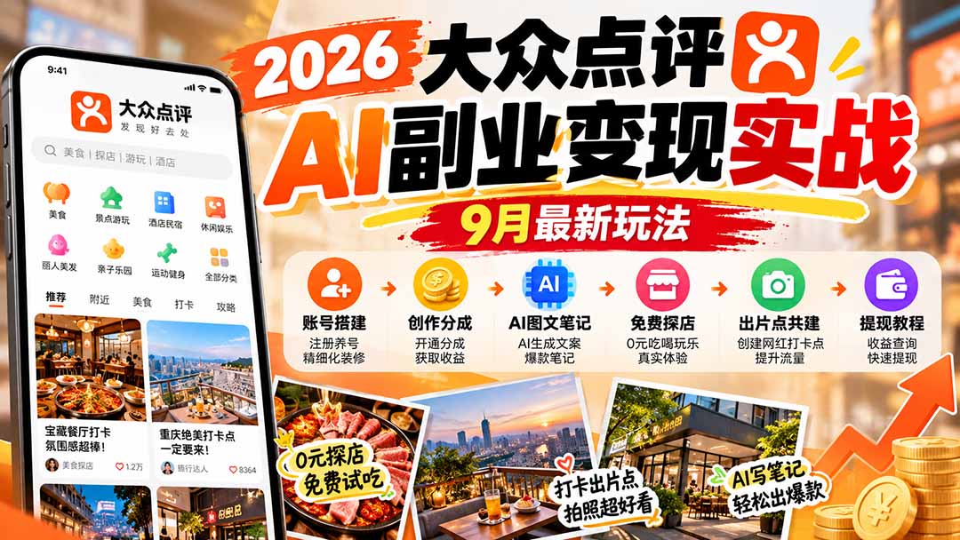 （20873期）2026大众点评AI副业变现实战9月最新玩法：账号搭建+创作分成+AI图文笔记+免费探店+出片点共建与提现教程 - 臻优资源网