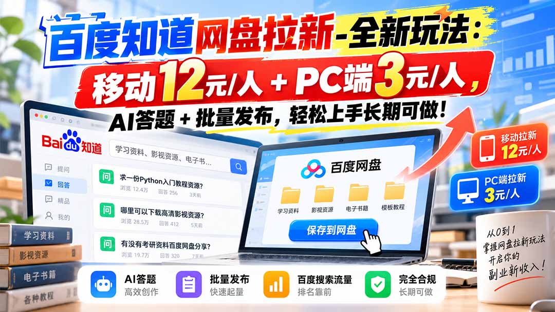 （20794期）百度知道网盘拉新-全新玩法：移动12元/人+PC端3元/人，AI答题+批量发布，轻松上手长期可做！ - 臻优资源网
