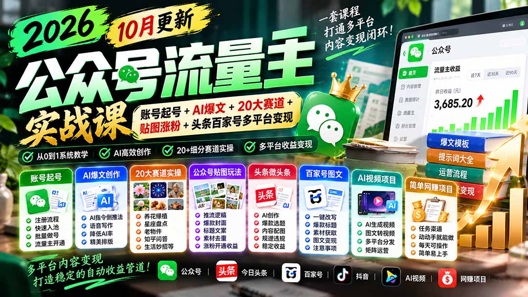 （20878期）2026公众号流量主实战课-10月更新：账号起号+AI爆文+20大赛道+贴图涨粉+头条百家号多平台变现 - 臻优资源网
