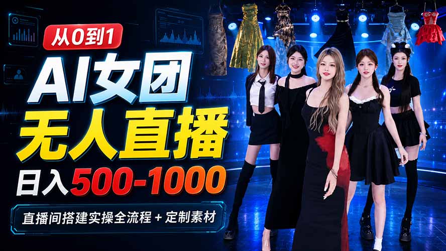 （20051期）AI 女团无人直播，躺入500‑1000每天，直播间搭建实操全流程+定制素材 - 臻优资源网