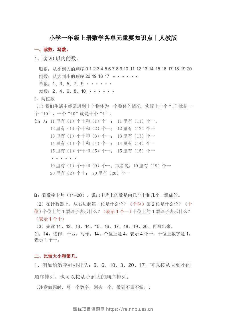 人教版一年级数学上册概念知识点整理 - 臻优资源网