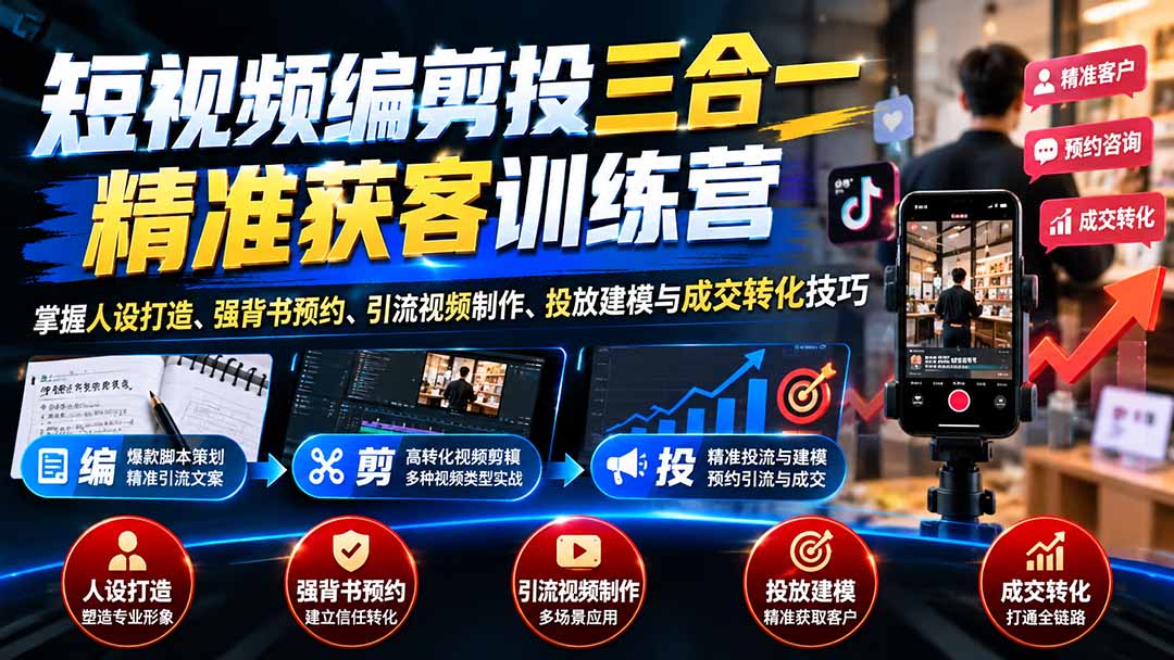 （20910期）短视频编剪投三合一精准获客训练营：掌握人设打造、强背书预约、引流视频制作、投放建模与成交转化技巧 - 臻优资源网