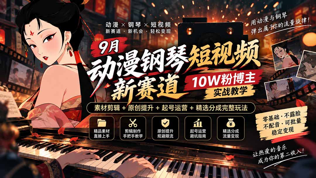 （20506期）9月动漫钢琴短视频新赛道｜10W粉博主实战教学，素材剪辑+原创提升+起号运营+精选分成完整玩法 - 臻优资源网