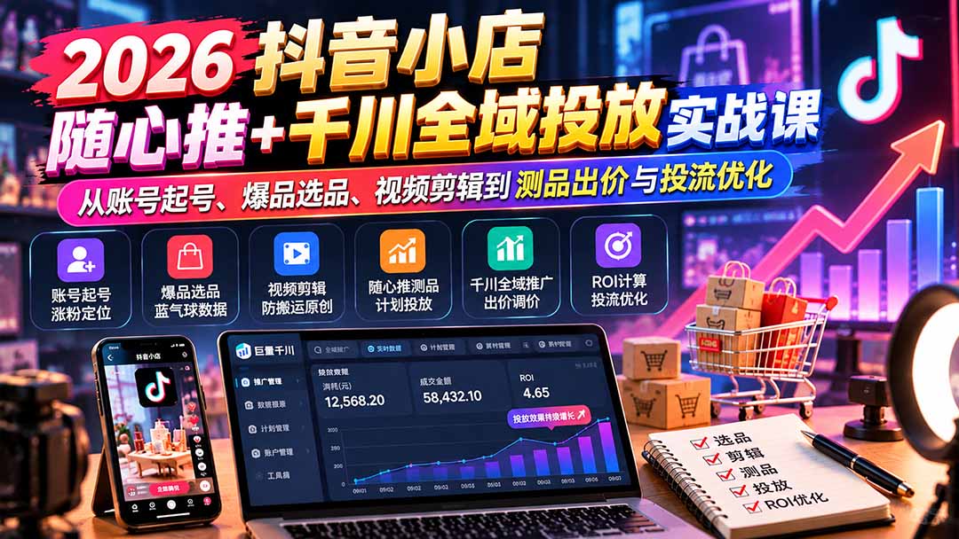 （20998期）2026抖音小店随心推+千川全域投放实战课：从账号起号、爆品选品、视频剪辑到测品出价与投流优化 - 臻优资源网