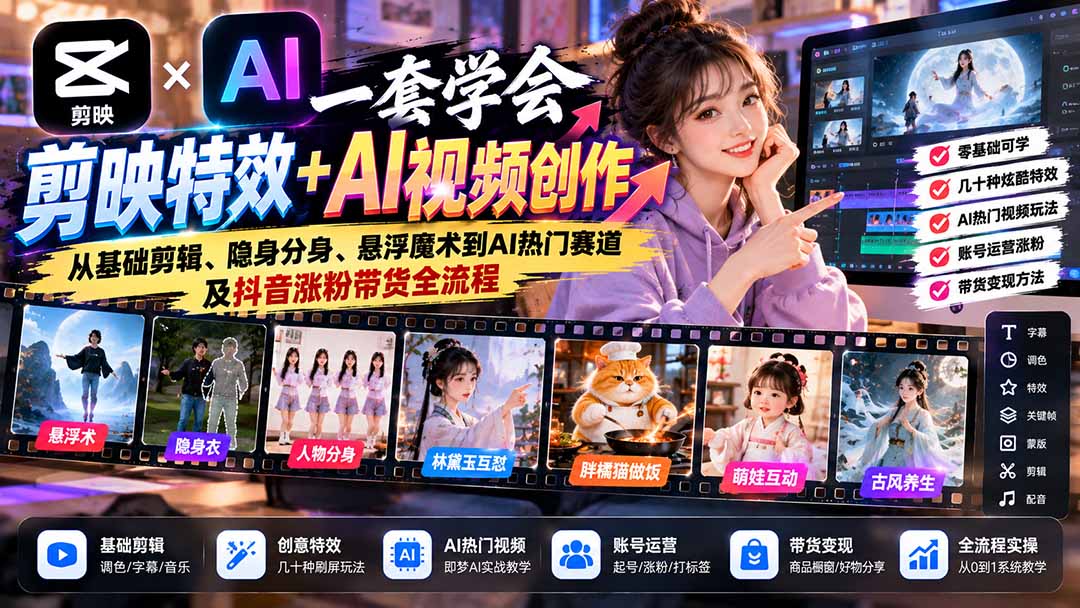 （20999期）一套学会剪映特效+AI视频创作：从基础剪辑、隐身分身、悬浮魔术到AI热门赛道及抖音涨粉带货全流程 - 臻优资源网