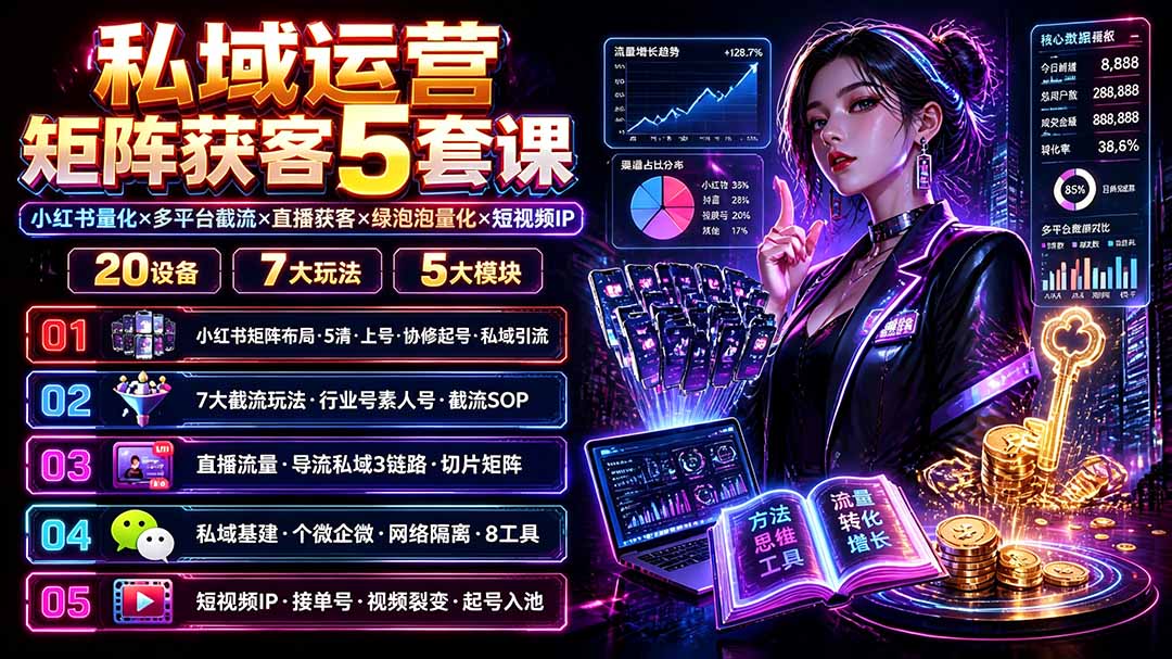 （19617期）私域运营矩阵获客5套课：小红书量化×多平台截流×直播获客×绿泡泡量化×短视频IP×20设备×7大玩法 - 臻优资源网