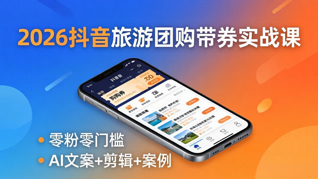 （18175期）2026抖音旅游团购带券实战课：零粉零门槛，AI文案+剪辑+案例，躺着赚门票佣金 - 臻优资源网