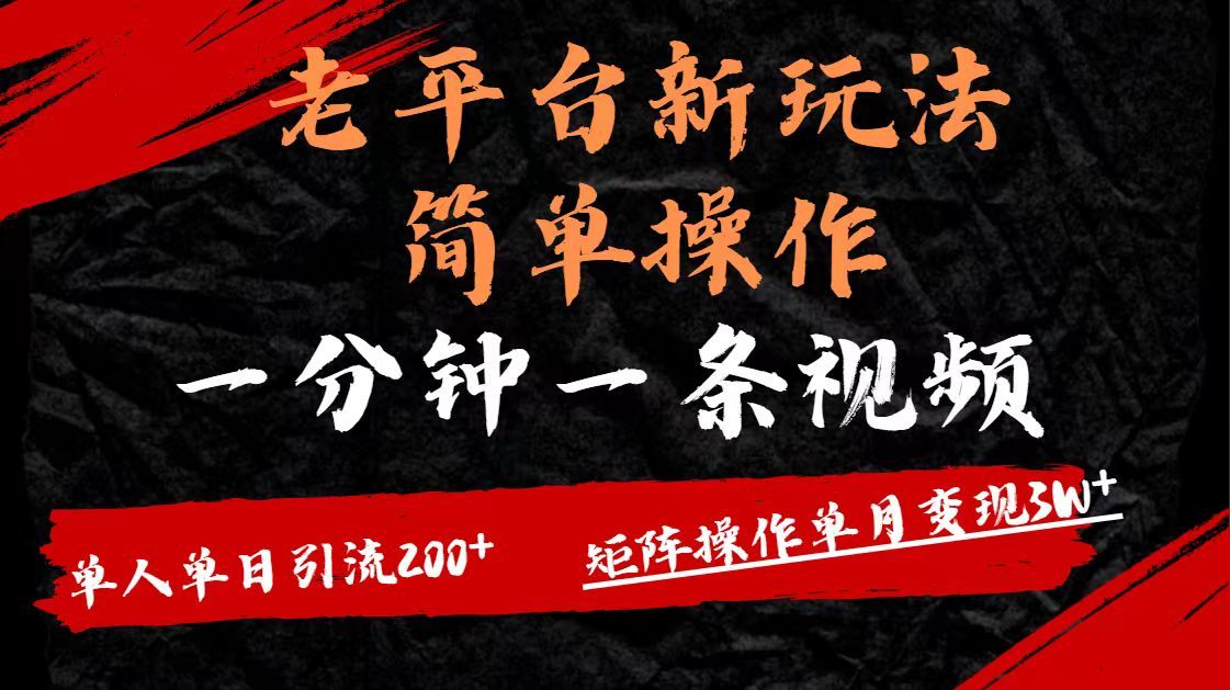 老平台，新玩法，简单操作，一分钟一条视频，单人单人引流200+矩阵操作，单月变现3W - 臻优资源网