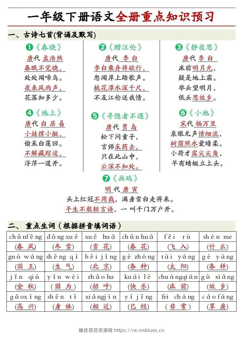 1.27一年级下册语文全册重点知识预习汇总 - 臻优资源网