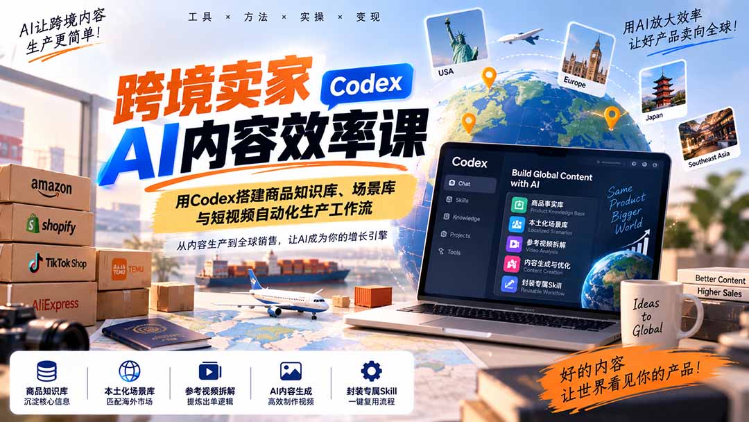 （20595期）跨境卖家AI内容效率课：用Codex搭建商品知识库、场景库与短视频自动化生产工作流 - 臻优资源网