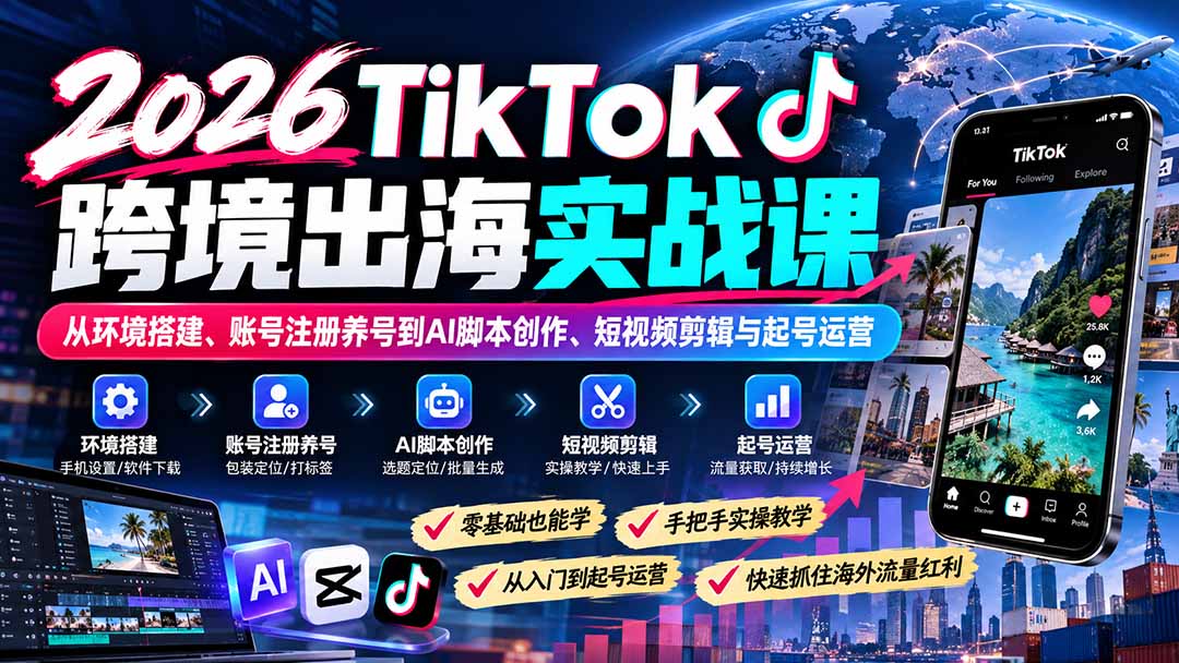 （21170期）2026TikTok跨境出海实战课：从环境搭建、账号注册养号到AI脚本创作、短视频剪辑与起号运营 - 臻优资源网