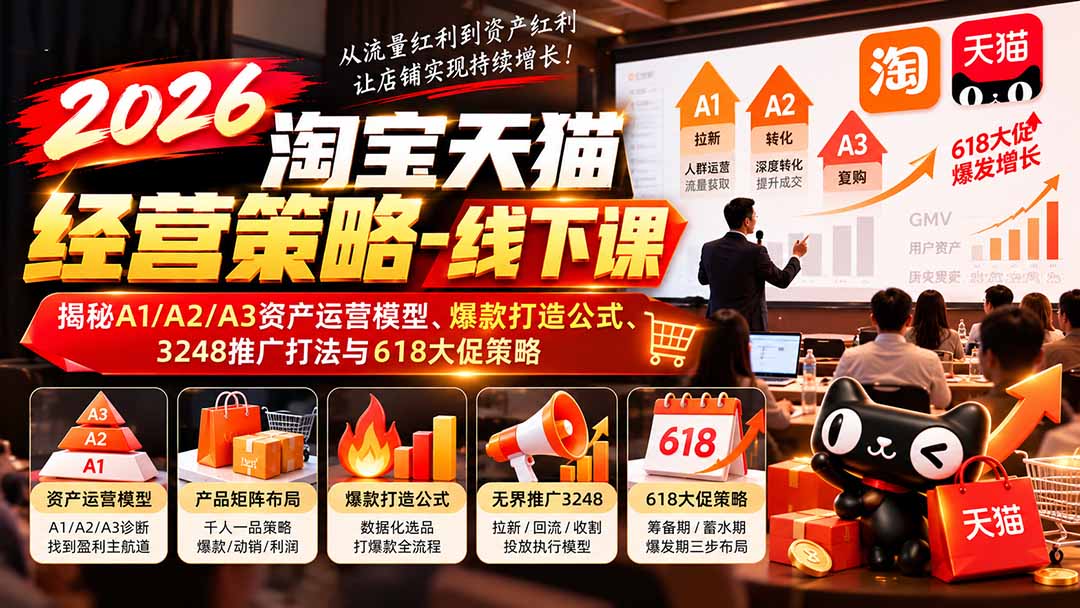 （20912期）2026淘宝天猫经营策略-线下课：揭秘A1/A2/A3资产运营模型、爆款打造公式、3248推广打法与618大促策略 - 臻优资源网