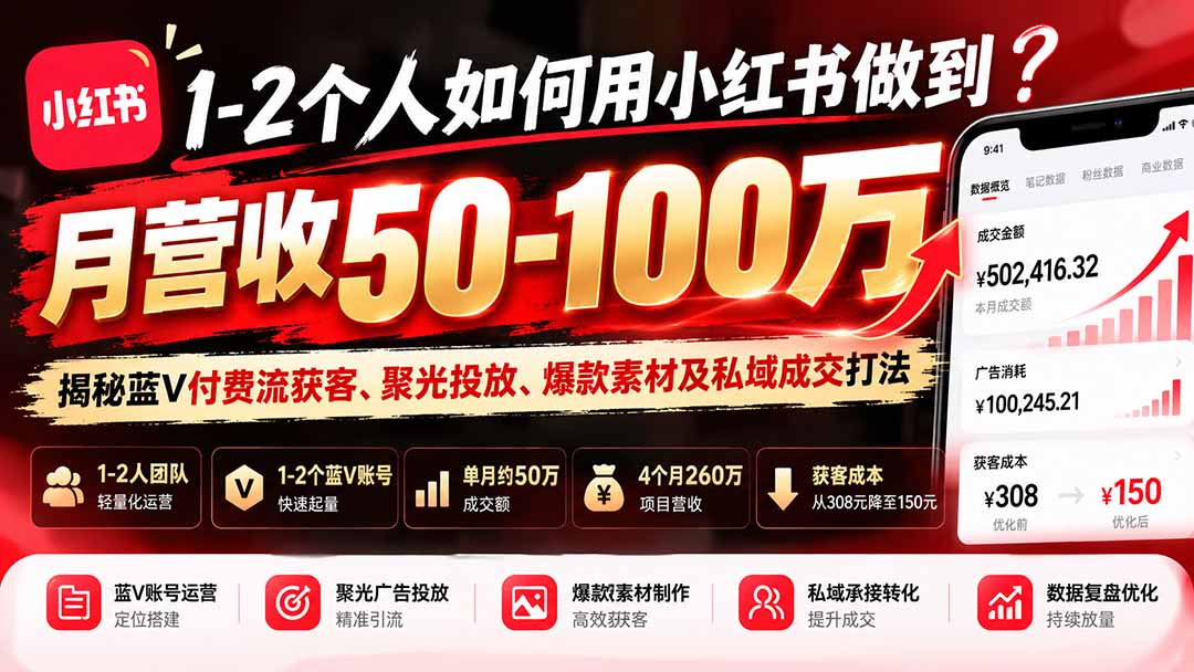 （20939期）1-2个人如何用小红书做到月营收50-100万？揭秘蓝V付费流获客、聚光投放、爆款素材及私域成交打法 - 臻优资源网
