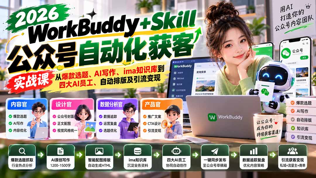 （21023期）WorkBuddy + Skill公众号自动化获客实战课：从爆款选题、AI写作、ima知识库到四大AI员工、自动排版及引流变现 - 臻优资源网