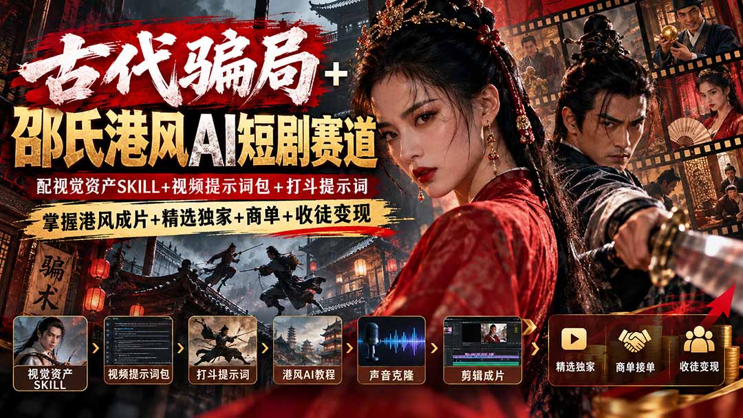 （20684期）古代骗局+邵氏港风AI短剧赛道：配视觉资产SKILL+视频提示词包+打斗提示词，掌握港风成片+精选独家+商单+收徒变现 - 臻优资源网