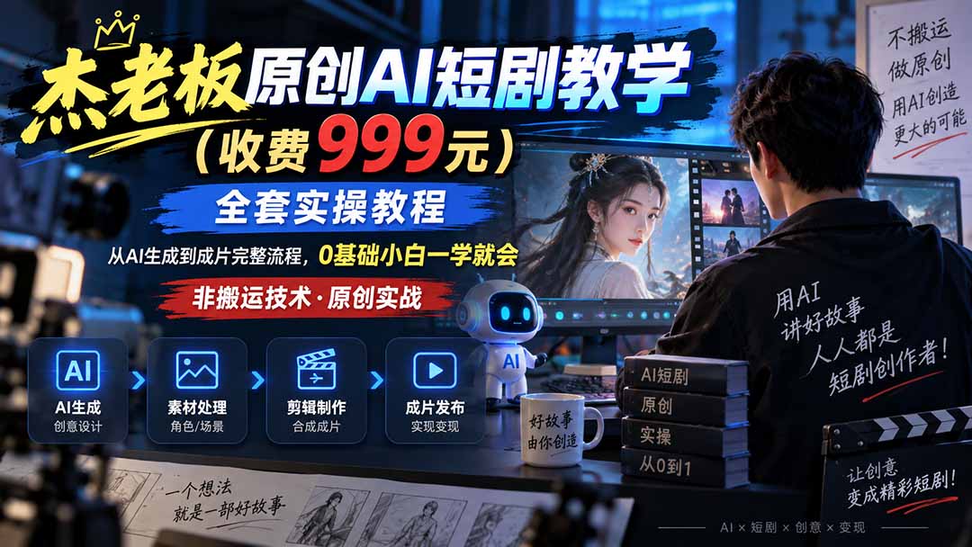 （20254期）杰老板原创AI短剧教学（收费999元），全套实操教程，0基础小白一学就会，非搬运技术 - 臻优资源网