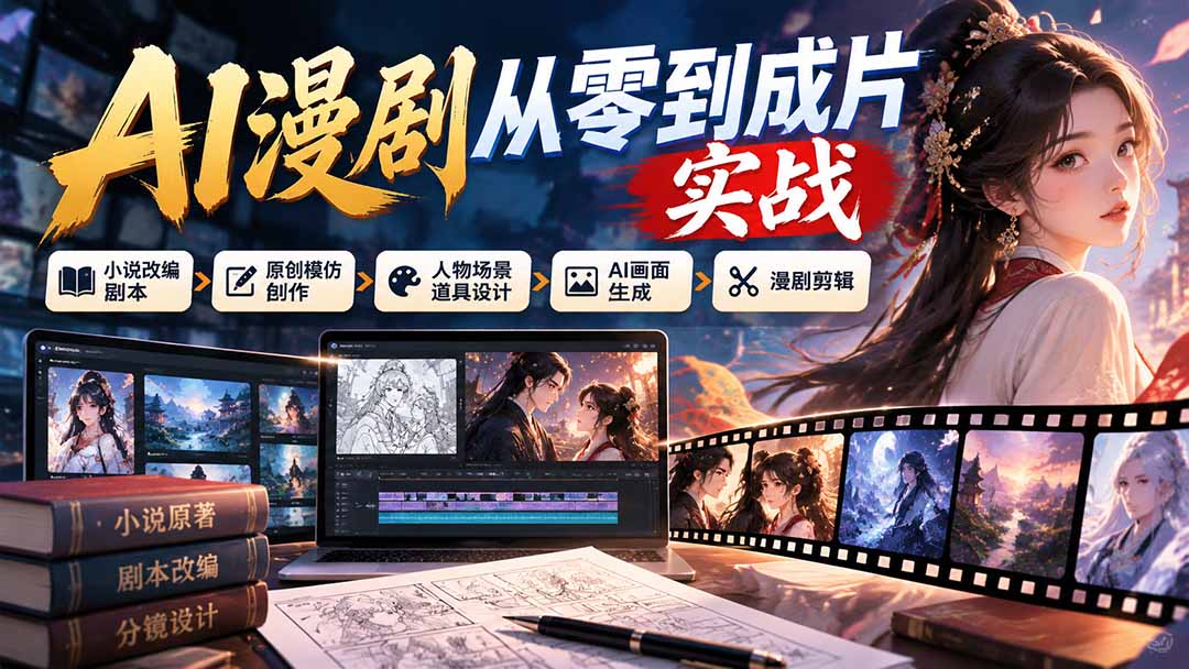 （21069期）AI漫剧从零到成片实战：小说改编剧本、原创模仿创作、人物场景道具设计、AI画面生成与漫剧剪辑 - 臻优资源网